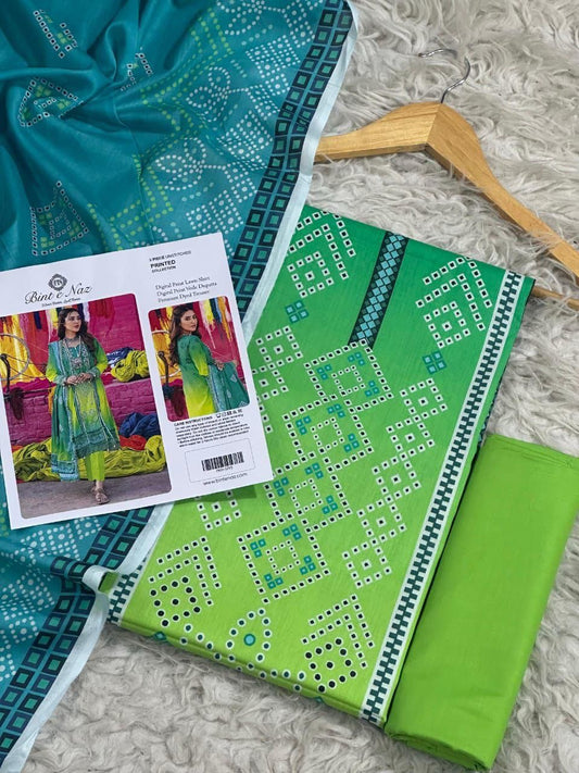 Binte Naz Lawn 3pc Print With Voil Lawn Dup (plain trouser)