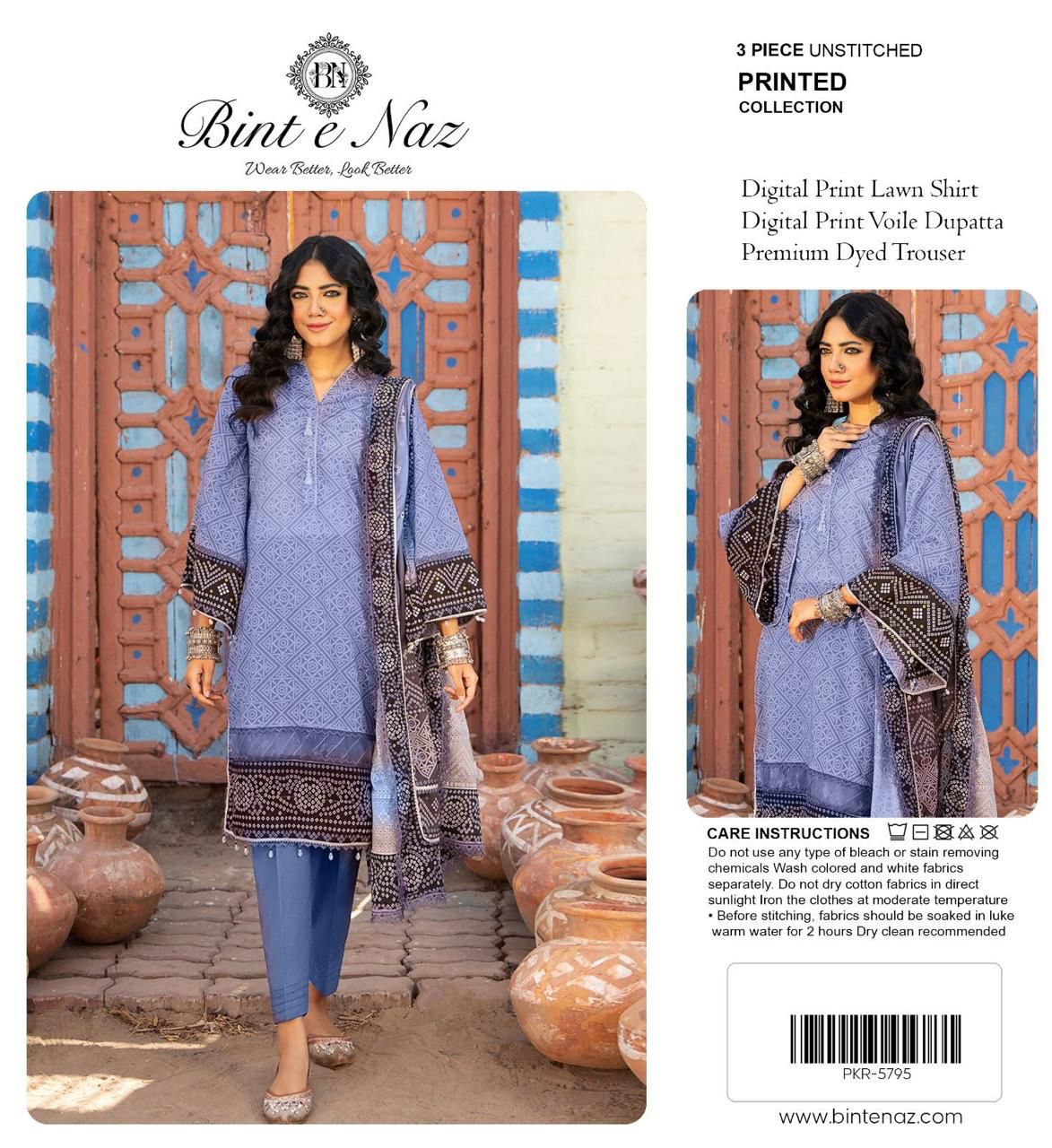 Binte Naz Lawn 3pc Print With Voil Lawn Dup (plain trouser)