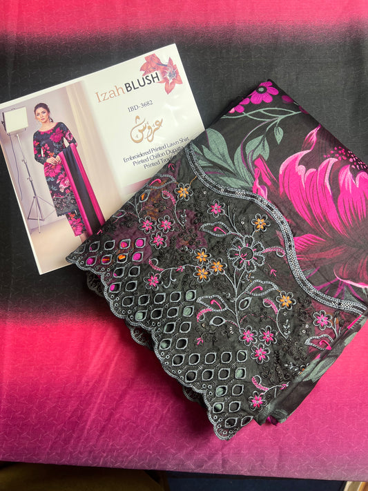 Lawn 3pc chiffon dup Daman+sleeves patch