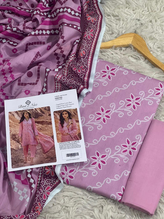 Binte Naz Lawn 3pc Print With Voil Lawn Dup (plain trouser)