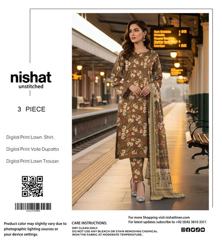 Nishat Lawn 3pc Printed With Voil Lawn Dup