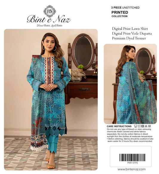 Binte Naz Lawn 3pc Print With Voil Lawn Dup (plain trouser)