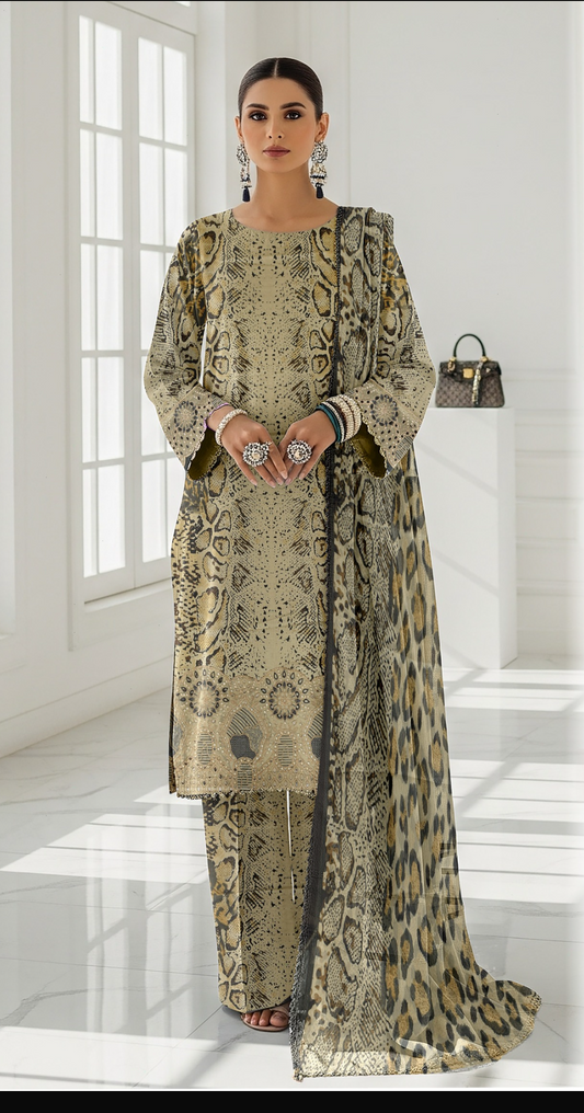 Lawn 3pc chiffon dup Daman+sleeves patch