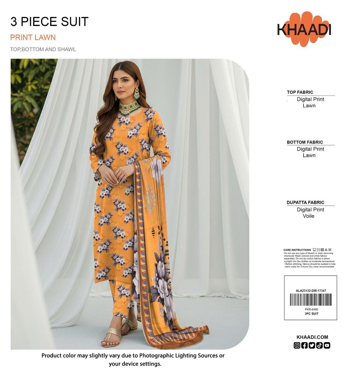 Khaadi Lawn 3pc Printed With Voil Lawn Dup