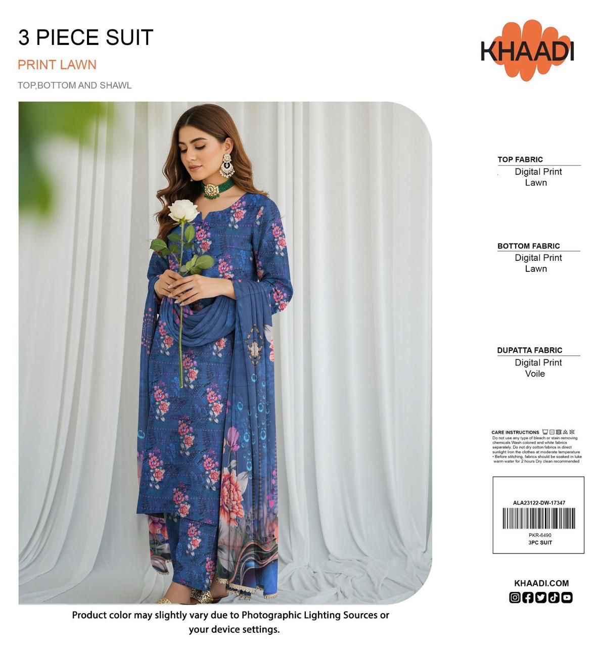 Khaadi Lawn 3pc Printed With Voil Lawn Dup