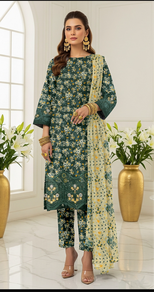 Lawn 3pc chiffon dup Daman+sleeves patch