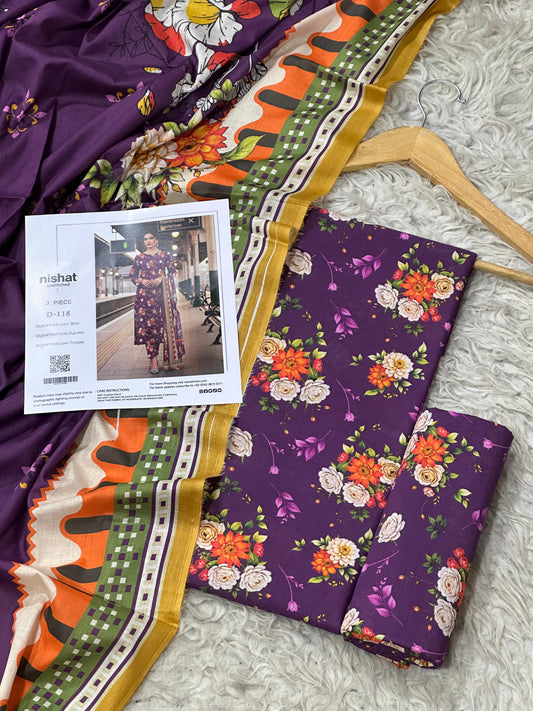 Nishat Lawn 3pc Printed With Voil Lawn Dup