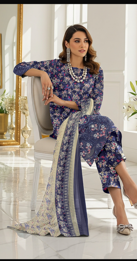 Lawn 3pc chiffon dup Daman+sleeves patch