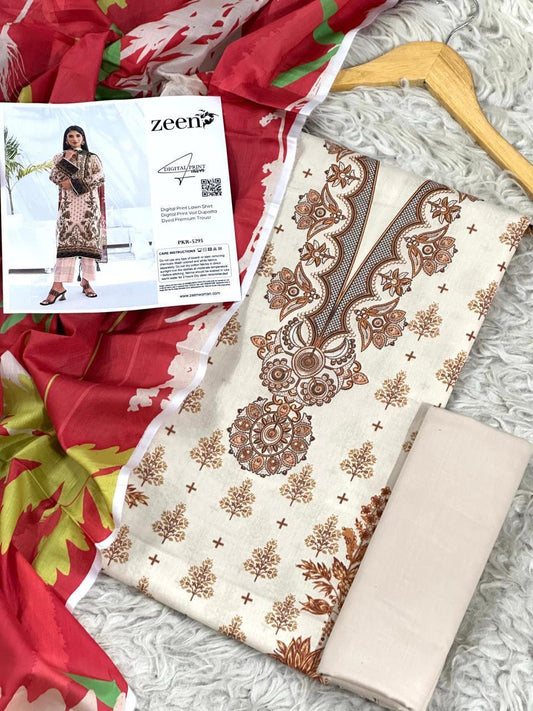 Zeen Lawn 3pc Print Voil Dup (plain trouser)