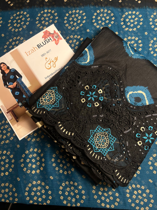 Lawn 3pc chiffon dup Daman+sleeves patch