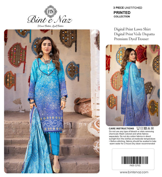 Binte Naz Lawn 3pc Print With Voil Lawn Dup (plain trouser)