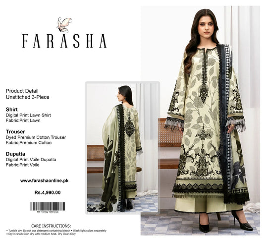 Farasha Lawn 3pc Print Voil Dup (plain trouser)