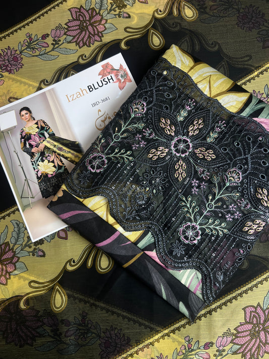 Lawn 3pc chiffon dup Daman+sleeves patch