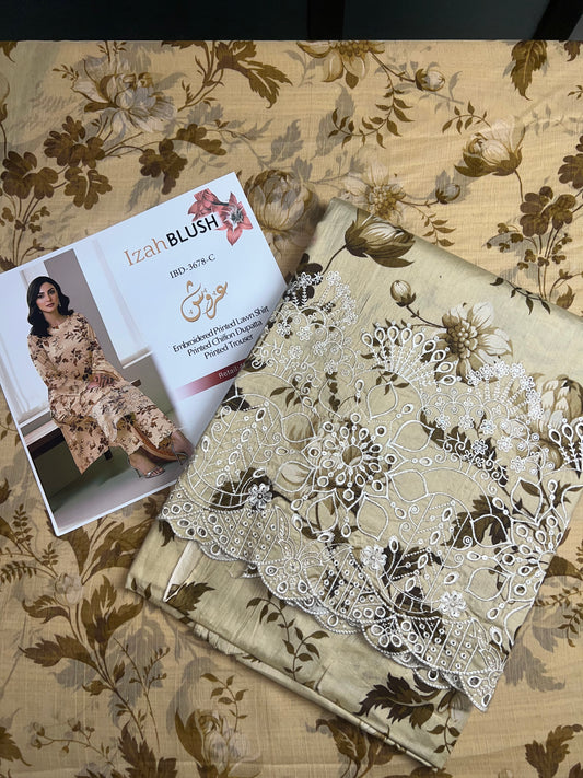 Lawn 3pc chiffon dup Daman+sleeves patch