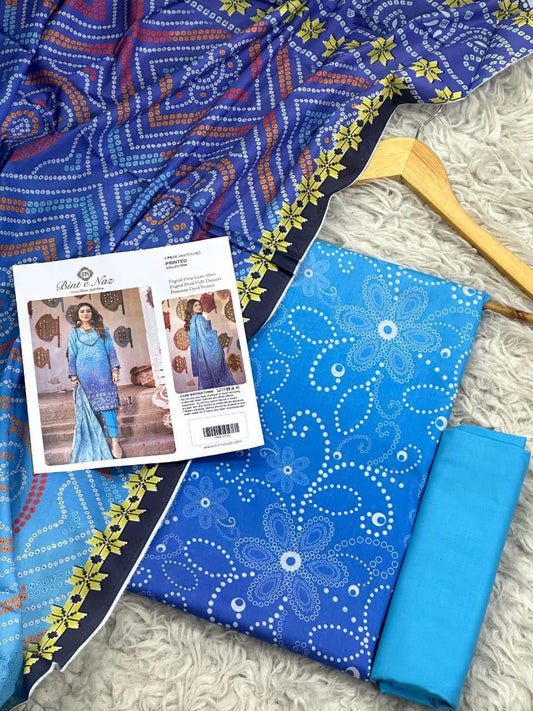 Binte Naz Lawn 3pc Print With Voil Lawn Dup (plain trouser)