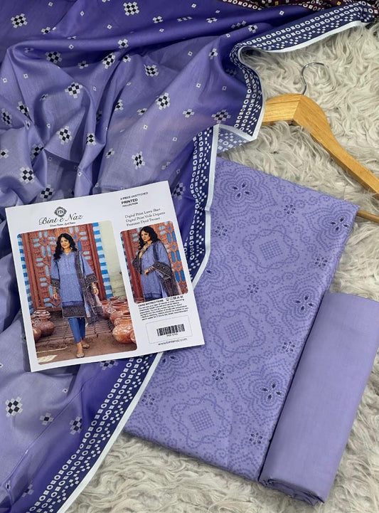 Binte Naz Lawn 3pc Print With Voil Lawn Dup (plain trouser)