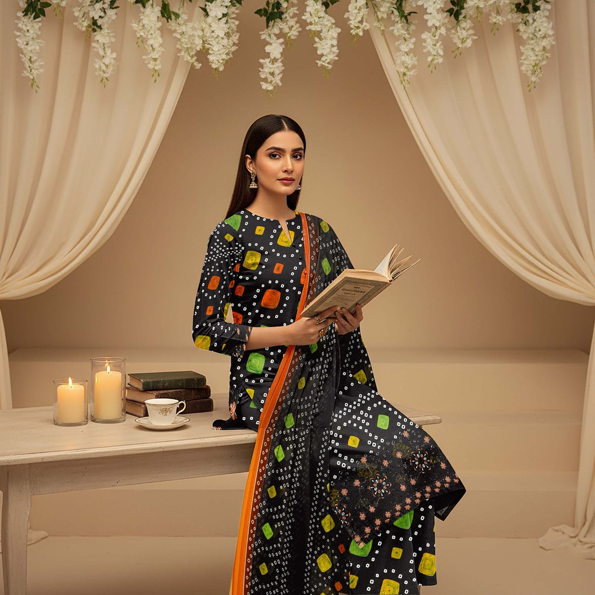 Lawn 3pc chiffon dup Daman+sleeves patch