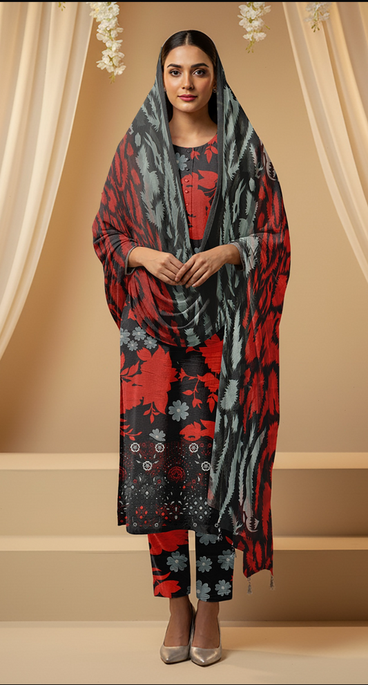 Lawn 3pc chiffon dup Daman+sleeves patch