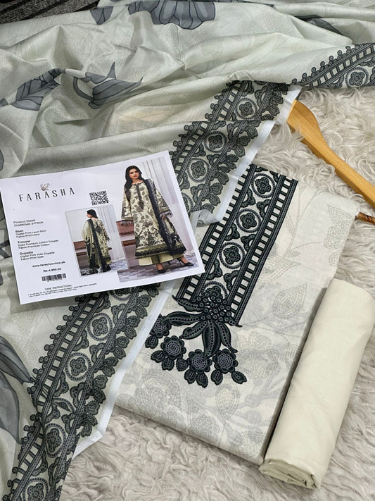 Farasha Lawn 3pc Print Voil Dup (plain trouser)