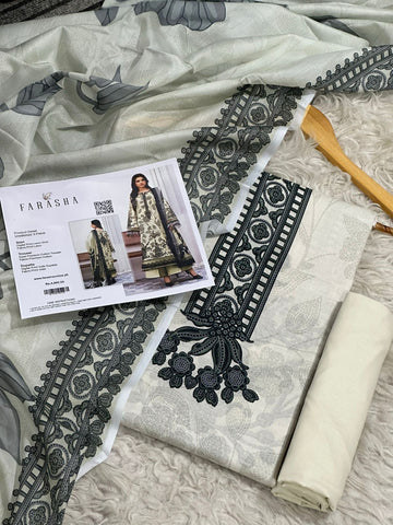 Farasha Lawn 3pc Print Voil Dup (plain trouser)