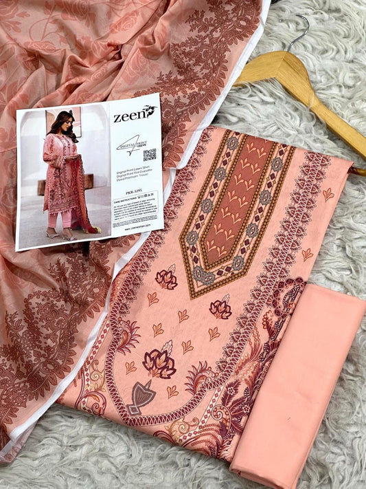 Zeen Lawn 3pc Print Voil Dup (plain trouser)