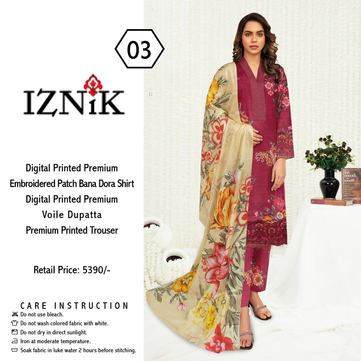 iznik 3pc lawn banadora emroidered daman patch