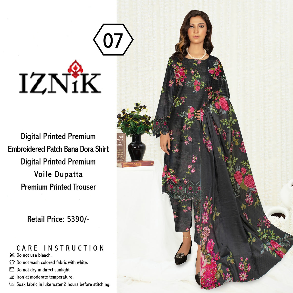 iznik 3pc lawn banadora emroidered daman patch